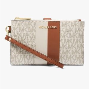 Michael Kors Tan and Cream Monogram Wristlet jet set double zip